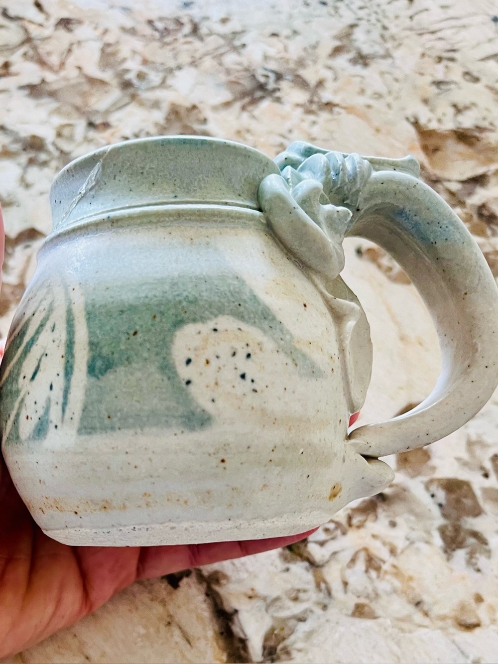 Studio Pottery Mug with Sculpted Floral Handle – Artist Signed – Decorative Only